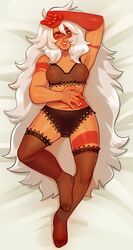 1girls arm_up dakimakura_design female jasper_(steven_universe) lingerie looking_at_viewer lying_on_back medium_breasts orange_skin pose see-through_bra smile smokyholes solo steven_universe thighhighs very_long_hair white_hair