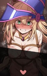 1boy 1girl arms_behind_back bdsm blonde_hair blue_hat blush bondage bound bound_arms bound_torso breasts censored clenched_teeth commentary_request crotch_rope crying crying_with_eyes_open dark_magician_girl duel_monster full-face_blush grabbing_another's_breast green_eyes groping hair_between_eyes hat heart heart_censor hetero highres large_breasts long_hair looking_at_viewer mamerakkkkko navel nipple_pull nipple_stimulation nipple_tweak nipples open_mouth phrygian_helmet pov pov_hands pussy_juice restrained rope shibari solo_focus sweat tears teeth wizard_hat yu-gi-oh! yu-gi-oh!_duel_monsters