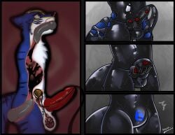 anal anal_penetration animal_genitalia anthro artywolf balls bladder bladder_penetration blue_body blue_eyes blue_fur bluefiger bound bulge canid canine canis cave drone dronification encasement fur genitals hi_res inside_balls internal internal_testicles knot knotted_penis latex latex_transformation living_latex lock_bulge lock_symbol male mammal nasal nasal_penetration nasal_tube null_bulge oral oral_penetration organs penetration penis prostate prostate_penetration sheath solo stripes tentacles transformation urethral urethral_penetration wolf