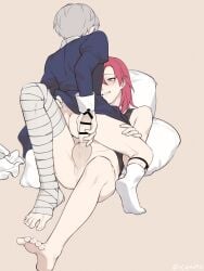 apron ass bandaged_leg bandages barefoot blue_dress blush condom condom_on_penis cowgirl_position crossdressing crossdressing_(mtf) dress erection grey_hair grin hand_on_another's_hip hand_on_another's_thigh highres hyoutenka_30-do_no_zetsubou imminent_anal imminent_penetration jh kuchinashi_dabi legwear_garter looking_at_another lying maid male_focus male_maid male_pubic_hair mismatched_pubic_hair mitsudomoe_koubou_(series) mole mole_under_eye on_back penis pillow pubic_hair red_hair sharp_teeth simple_background single_bare_leg smile socks straddling teeth testicles tonimura_yui unworn_apron white_socks yaoi