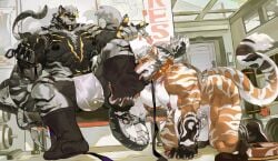 absurd_res all_fours beard bite_mark black_body black_fur black_penis bowl bulge chastity_cage chastity_device clothing collar container cybernetic_arm cybernetic_limb cybernetics cyborg dominant dominant_male duo facial_hair facial_scar felid foot_lick footwear fur gay gay_male genitals gloves_(marking) grey_body grey_fur grin gym hi_res inside jockstrap kitai_su leash leg_markings licking machine male male/male mammal markings nipple_chain nipples nude orange_body orange_fur pantherine penis pet_bowl poster pubes punching_bag reptile scalie scar skylight smile snake snout snout_scar socks socks_(marking) submissive submissive_male text tiger tongue tongue_out underwear weights white_body white_fur window yaoi