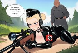 1boy 1girls ai ai_assisted ai_generated bald_male behind_another blonde_female blonde_hair bondage cleavage clueless dark-skinned_male dialogue fur_coat imminent_defeat imminent_rape latex latex_clothing latex_suit moments_before_disaster nazi_armband prussia123 rifle sexy sexy_female sexy_pose skin_tight slave sniper_rifle tactical_gear