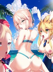 artoria_pendragon artoria_pendragon_(swimsuit_ruler) ass back_view breasts bunny_ears cum fate/grand_order fate_(series) foursome from_behind happy_wing miyamoto_musashi_(fate) miyamoto_musashi_(swimsuit_berserker) okita_souji_(fate) okita_souji_(swimsuit_assassin) sex swimsuit tongue_out