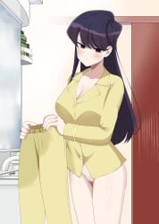 1girl absurdres bathroom black_eyes black_hair blush bottomless breasts cleavage cleft_of_venus closed_mouth collarbone commentary commission cowboy_shot hair_behind_ear highres holding holding_pants holding_unworn_clothes indoors kiniro_tofu komi-san_wa_komyushou_desu komi_shouko large_breasts long_hair looking_at_viewer pajamas pants pussy pussy_juice serious shiny_skin solo standing straight_hair swept_bangs uncensored unworn_pants wet wet_clothes wet_pants yellow_pajamas yellow_pants