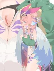 1boy 1girl absurdres bare_legs bare_shoulders belt blue_eyes blush bow breasts colored_skin crop_top detached_sleeves dress facial_tattoo feathered_wings grabbing_another's_breast green_skin groping hair_bow highres leg_tattoo lizardman looking_up medium_breasts milia_wars multiple_views muscular muscular_male nipple_stimulation nipples open_mouth original peeing pink_hair pussy pussy_juice see-through_clothes see-through_dress simple_background tattoo tears teeth tongue tongue_out white_background white_belt wings wohaimeiyou