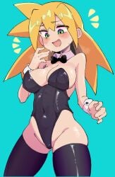 1girls big_breasts black_clothing black_stockings blonde_hair blush buzzlyears green_eyes hand_up long_hair mega_man mega_man_legends roll_caskett