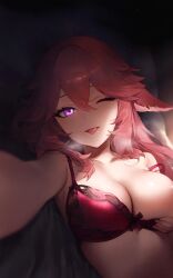 1girls big_breasts bra breast_grab grabbing grabbing_own_breast holding_breast light-skinned_female light_skin one_eye_closed pink_hair purple_eyes selfie solo solo_female solo_focus tongue tongue_out yae_miko