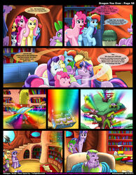 1boy anthro applejack_(mlp) blue_eyes comic dragon_you_over_(kitsune_youkai) egg english_text female fluttershy_(mlp) friendship_is_magic furry green_hair hatching hugging kitsune_youkai library male mane_six_(mlp) my_little_pony page_58 pinkie_pie_(mlp) purple_eyes rainbow_dash_(mlp) rarity_(mlp) red_eyes smooth_skin spike_(mlp) spike_gets_all_the_mares text twilight_sparkle_(mlp)