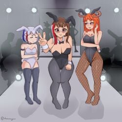 3girls american_female aurora_chan black_socks blush brown_hair bunny_ears bunny_girl bunny_tail bunnysuit canadian chilo_chan chilo_sports fishnets kool_chan long_socks mexican_female red_hair white_hair