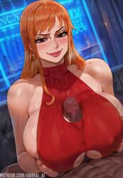 1boy ai_generated amiral_ai big_breasts blush breasts censored_penis dark-skinned_male dress earrings hands_on_own_breasts huge_breasts light-skinned_female makeup nami nami_(one_piece) one_piece orange_hair paizuri penis red_dress red_hair red_lips