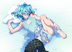 1boy aqua_hair blush bottomless bramblefix cleavage_cutout convenient_censoring girly leg_up lying_on_back male male_only original pants_around_one_leg pillow pose solo spread_legs tattoo trap