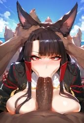 1boy 1girls ai_generated akagi_(azur_lane) azur_lane big_breasts breasts brown_hair dark-skinned_male fellatio female female_focus fluffy_tail fox_ears fox_tail huge_breasts huge_cock kitsune large_breasts light-skinned_female looking_pleasured penis red_eyes smiling thick_thighs thighs