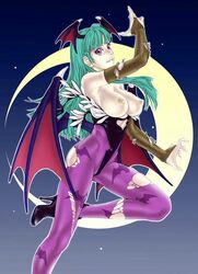 breasts capcom clothing darkstalkers demon_girl fangs female head_wings high_heels large_breasts medium_breasts mihoto_kouji morrigan_aensland succubus topless torn_clothes wings