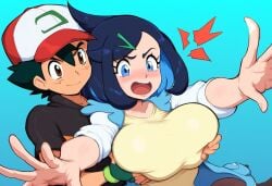 1boy 1girls ai_generated breast_grab female grabbing huge_breasts liko_(pokemon) muscular_male netorare novelai ntr pokemon pokemon_(anime) pokemon_horizons pokemon_journeys satoshi_(pokemon) satoshi_(pokemon)