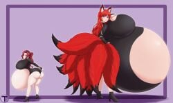 2girls artist_name ass belly belly_bigger_than_body bloated_belly blue_eyes blush breasts breasts_bigger_than_head female female_only fox_ears fox_girl fox_tail gigantic_belly hair_over_one_eye huge_breasts hyper_belly hyper_pregnancy looking_at_viewer nine_tailed_fox original original_character ponytail pregnant pregnant_female ready_to_pop red_hair round_belly simple_background someone_else's_oc standing thick_thighs thighs timaeus