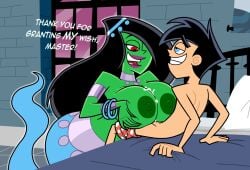 1boy 1girls accurate_art_style bed bedroom big_breasts black_hair blue_eyes breasts cum cumming danny_fenton danny_phantom desiree dialogue female genie green_skin huge_breasts male nickelodeon nipples paizuri red_eyes text zoda-z