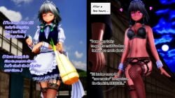 3d animated before_and_after blue_eyes bottomless bra confused femsub garter_belt glowing_eyes knife maid miniskirt panties ring_eyes sakuya_izayoi short_hair silver_hair tagme text touhou uyunsyu video