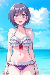 1girls beach bikini cleavage looking_at_viewer medium_breasts short_hair