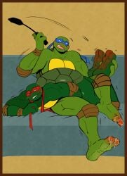 2_toes 3_fingers 4kids_entertainment absurd_res anthro blush bodily_fluids bondage border brother_(lore) brothers_(lore) comic dialogue digital_media_(artwork) duo english_text feet feet_up fingers foot_fetish foot_grab gay hi_res holding_object holding_whip hurt_expression incest_(lore) leonardo_(tmnt) looking_at_viewer lying male male/male mask mishajeans on_front open_mouth orange_border pain plantigrade raphael_(tmnt) reptile saliva saliva_on_foot scalie shell sibling_(lore) simple_background sitting smile soles speech_bubble submissive submissive_male sweat sweatdrop tail teenage_mutant_ninja_turtles teenage_mutant_ninja_turtles_(2003) text tmnt tmnt_2003 toes turtle whip whip_mark whip_mark_on_foot wounded