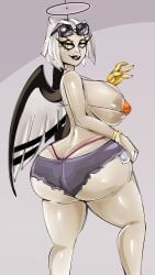 1girl 1girls amazon_prime angel angel_girl angel_wings ass back big_ass big_booty big_breasts big_butt bitterbunz black_halo booty breasts butt cutoff_shorts cutoffs dat_ass female gold_arm golden_arm halo hazbin_hotel hazbin_hotel_(season_2) huge_booty huge_butt legs lute_(hazbin_hotel) metal_arm pink_thong prosthetic prosthetic_arm prosthetic_hand prosthetic_limb short_hair sideboob simple_background solo spindlehorse_toons sunglasses sunglasses_on_head thick thick_ass thighs thong twitter vivienne_medrano vivziepop white_hair