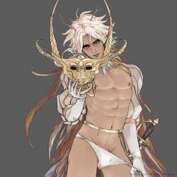 1boy abs antlers belt grey_background hamletmachine kingdom_death looking_at_viewer male male_only mask muscular_male nipple_piercing penis_bulge pubic_hair pulling_panties short_hair solo sword tanned tanned_male watermark white_hair