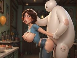 1girls 1robot_boy ai_generated big_breasts big_hero_6 breasts hi_res league69 nipples no_bra no_panties penis ripped_clothing sagging_breasts short_hair tagme