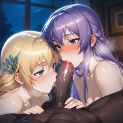 1boy 2girls ai_generated athena_(saint_seiya) blonde_hair blue_eyes blush breath cooperative_fellatio ffm_threesome interracial large_penis night penis purple_hair saint_seiya saint_seiya:_the_lost_canvas saliva sasha_(saint_seiya) sophitia_alexandra soul_calibur teamwork veiny_penis