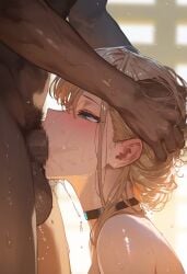 ai_generated asuna_(blue_archive) blonde_hair blowjob blowjob_face blue_archive blue_hair forced forced_oral holding_head huge_balls huge_cock radiopopcorn saliva saliva_drip sucking sucking_penis