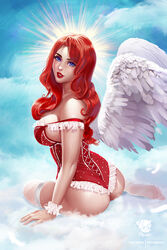 1girls angel angel_wings artist_name ass bare_shoulders big_ass blue_eyes cloud curvy detailed_background feet halo hips lace lingerie looking_at_viewer prywinko red_hair red_lipstick sideboob sitting sitting_on_clouds sky thick thighhighs watermark wide_hips wings