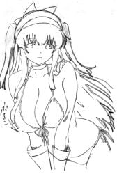 1girls alternate_hairstyle artist_name big_breasts bikini breasts busty cleavage female female_only gloves hair_ribbon highres japanese_text king_of_fighters large_breasts leaning_forward monochrome nakoruru parted_lips ribbon samurai_shodown seductive_smile side-tie_bikini_bottom sideboob sketch smile snk solo swimsuit traditional_media translation_request twintails voluptuous