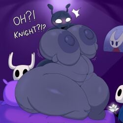 1boy 1girls areolae barefoot blush breasts bretta_(hollow_knight) completely_nude completely_nude_female female female_focus full_body hollow_knight huge_breasts kneeling lokbunny17 naked naked_female nipples nude nude_female protagonist_(hollow_knight) shocked solo_focus