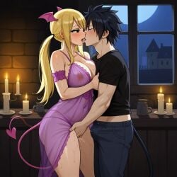 1boy 1girls ai_generated black_hair blonde_hair couple demon_tail fairy_tail gray_fullbuster horns large_breasts lucy_heartfilia sensual sexy succubus thick_thighs