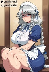 1girl ai_generated alternate_costume apron artist_name blue_dress bow braid breasts closed_mouth clothing corset dress english_text female frills grey_eyes grey_hair hair_bow headdress headwear izayoi_sakuya jennieart02 large_breasts long_hair looking_at_viewer maid maid_apron maid_headdress patreon patreon_logo patreon_username puffy_short_sleeves puffy_sleeves short_sleeves sitting solo sweat thick_thighs thighs twin_braids twitter twitter_username uniform watermark web_address