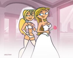 2girls blonde_hair bra bride bridgette_(tdi) female_only lindsay_(tdi) panties thighhighs total_drama_island underwear vaultman white_bra white_panties white_thighhighs