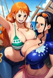 2girls ai_generated big_ass big_breasts big_butt bikini blush blushing_female blushing_profusely boat breasts_to_breasts breasts_touching breath bubble_ass bubble_butt cleavage clothing deep_cleavage dripping female female_only huge_ass huge_breasts large_breasts looking_at_another looking_at_partner massive_breasts nami nami_(one_piece) narrow_waist nico_robin ocean one_piece open_mouth posing posing_for_the_viewer sea self_upload sweatdrop sweating sweaty sweaty_body sweaty_breasts sweaty_butt thick_thighs wide_hips yeetyboi5000 yuri