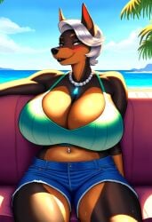 ai_generated anthro blush doberman female female_focus female_only furry furry_female furry_focus furry_only giant_breasts gilf green_eyes looking_at_viewer mature_female milf pearl_necklace short_hair shorts sitting sweaty thick_thighs white_hair