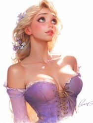 ai_generated blonde_female blonde_hair caucasian clothed green_eyes light-skinned_female nhoeskape princess purple_dress rapunzel sfw white_female