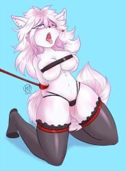 2020 anthro big_breasts blush bondage bound breasts canid canine clothing female fox heart kairaanix kneeling legwear looking_pleasured mammal panties solo thigh_highs tongue tongue_out underwear