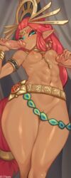 1girls 2boys abs absurd_res breath_of_the_wild dark-skinned_female dark_skin double_handjob fellatio female gerudo gold_(metal) gold_jewelry jewelry jewelry_between_breasts jewelry_only jtveemo male medium_breasts nintendo oral partial_male penis_kiss riju text the_legend_of_zelda thick_thighs threesome watermark wide_hips