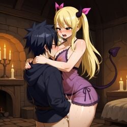 1boy 1girls ai_generated black_hair blonde_hair couple demon_tail fairy_tail gray_fullbuster horns large_breasts lucy_heartfilia sensual sexy succubus thick_thighs