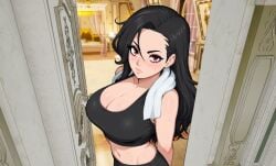 dark_hair futanari laverne_(haunted_by_femboy) red_eyes spoilers sports_bra sweat trans_woman