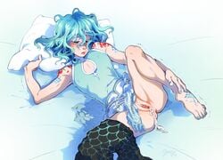 1cuntboy after_sex aqua_hair ass blush bottomless bramblefix cleavage_cutout cum cum_drip cuntboy cuntboy_only dripping erect_nipples intersex leg_up looking_down lying_on_back nipple_bulge nipples pants_around_one_leg pillow pose pussy solo solo_cuntboy spread_legs tattoo