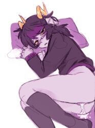 blushing cum_in_pussy cum_inside eridan_ampora female female_only fins genderbent homestuck homestuck_troll horns on_side panting pulled_up_shirt rule_63 twintails