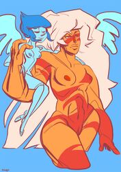 2girls blue_skin breasts jasper_(steven_universe) lapis_lazuli_(steven_universe) multiple_girls muscular_female nude orange_skin pussy sitting_on_shoulder size_difference smile sniggysmut steven_universe