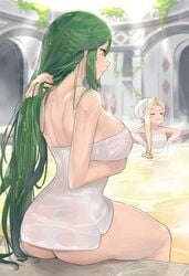 2girls ass bath big_breasts goddess green_hair hot_spring j@ck kid_icarus naked_towel palutena thighs towel viridi