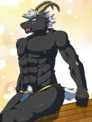 5_fingers abs anthro black_fur bovid caprine clothing eyewear fingers fur glasses goat green_eyes hair horn humanoid_hands male male_only mammal muscular muscular_male nipples penis pubes solo tanngrisnir_(tokyo_afterschool_summoners) tokyo_afterschool_summoners underwear video_games white_hair