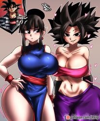 1boy 2girls angry angry_face bare_arms bare_legs bare_shoulders bare_thighs big_breasts black_eyes black_hair blush breasts caulifla chichi clothed clothing color dragon_ball dragon_ball_super dragon_ball_z drip_goku female female_saiyan hair_bun hi_res huge_breasts large_breasts light-skinned_female light_skin long_hair looking_at_viewer male male/female meme milf multiple_girls rezp saiyan saiyan_girl son_goku thick_thighs