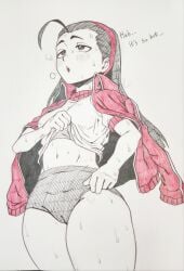 black_hair capcom chairperson clothing dialogue female girin gym_uniform headband long_hair navel pulling_clothing pulling_shirt pulling_shirt_up pussy_outline red_headband rival_schools shirt shorts sweating sweating_female thick_thighs thighs track_jacket