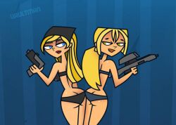 2girls bikini black_bikini blonde_hair blue_bikini bridgette_(tdi) female_only gun lindsay_(tdi) swimsuit total_drama_island vaultman weapon