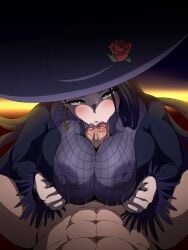 1boy 1girls big_breasts big_hat boku_no_hero_academia breasts clothed clothed_female_nude_male clothed_sex cosmetics crescent_earrings curvy curvy_female curvy_figure deborah_gollini earrings fellatio female female_focus first_person_view fully_clothed green_eyes hat kaw3r light-skinned_female light-skinned_male light_skin long_hair looking_at_viewer makeup male male/female male_pov muscular_male my_hero_academia my_hero_academia:_you're_next nipples nipples_visible_through_clothing paizuri partial_male point_of_view pov pov_eye_contact purple_dress purple_hat purple_lipstick sucking_penis sucking_tip unknown_male